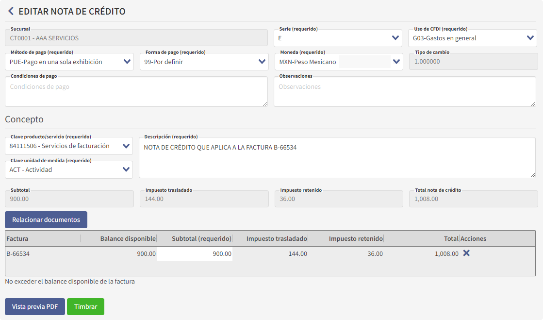 Botón crear nota de crédito