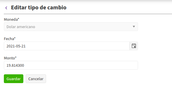 Pantalla de edición de un tipo de cambio