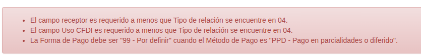 Mensajes de error mostrados al intentar crear la factura sin los datos obligatorios
